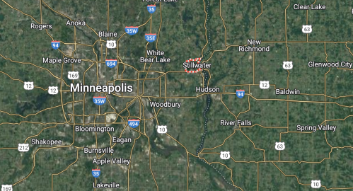 Map showing Minneapolis and surrounding areas, including Stillwater and Hudson, with major highways labeled.