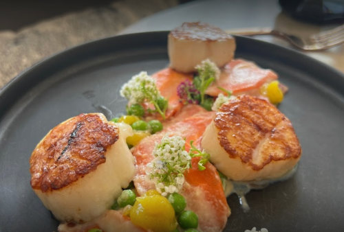 Three seared scallops on a black plate, garnished with herbs, peas, and a colorful sauce.