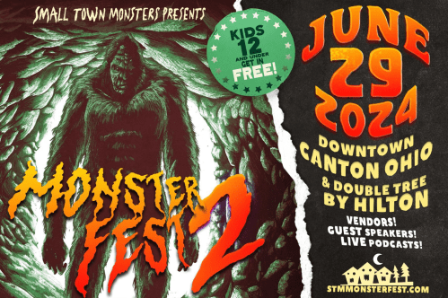 Promotional poster for MonsterFest 2 on June 29, 2024, in Canton, Ohio, featuring vendors, guest speakers, and live podcasts.