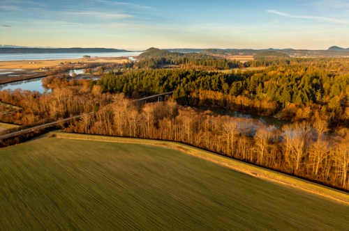 Aerial view of lush green fields, forests, and a winding river under a clear sky during golden hour.
