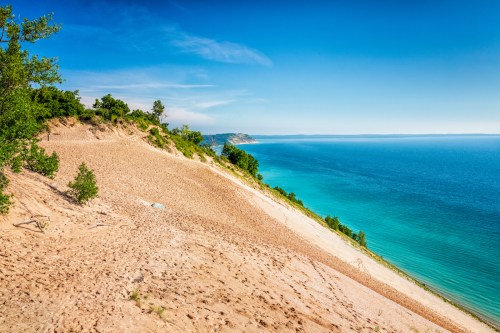 A sandy dune slopes down to a vibrant blue lake, surrounded by lush greenery under a clear sky.