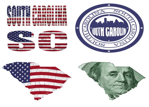 Collage featuring various landmarks and symbols representing South Carolina.