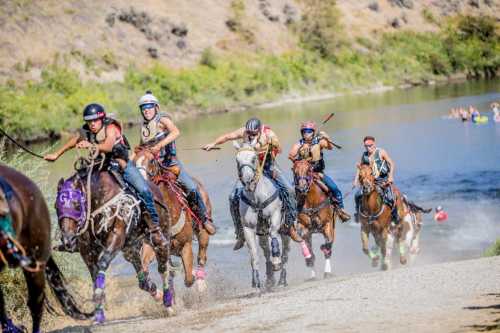 A group of riders on horseback gallops along a riverbank, splashing water as they race in a lively outdoor event.