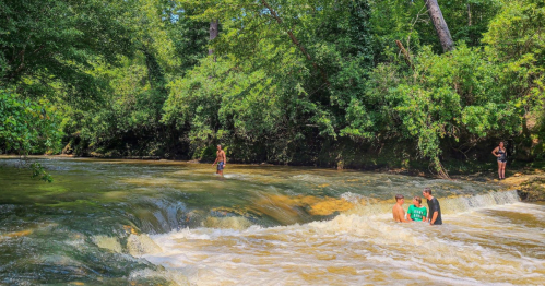 Two people sit in a river while another stands nearby, surrounded by lush greenery and flowing water.