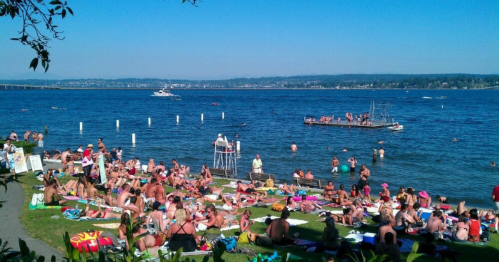 A crowded beach scene with sunbathers on the grass, boats on the water, and a lifeguard tower in the background.