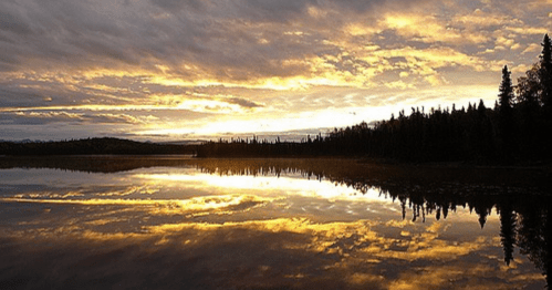 A serene lake at sunset, reflecting vibrant orange and yellow hues with silhouetted trees along the shore.