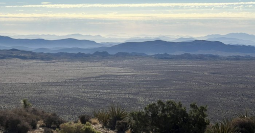 A vast desert landscape with rolling mountains in the distance under a cloudy sky.