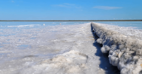 A salt flat with a textured, salt-covered path extending into the horizon under a clear blue sky.