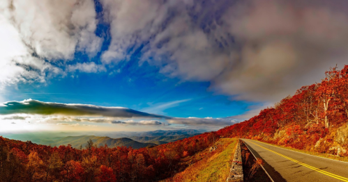 A scenic view of a winding road through vibrant autumn foliage and mountains under a dramatic sky.