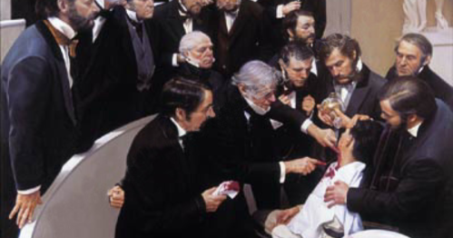 A historical scene depicting a group of men in formal attire gathered around a patient in a medical setting.