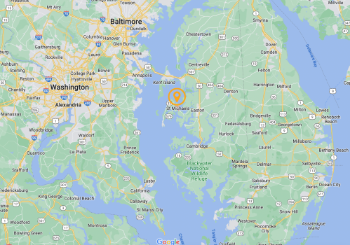Map showing the area around St. Michaels, Maryland, with nearby towns and waterways highlighted.