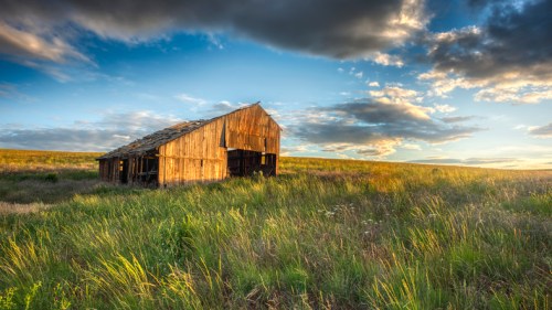 A weathered wooden barn stands in a grassy field under a dramatic sky with clouds at sunset.
