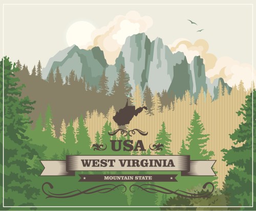 Colorful vintage-style travel postcard featuring West Virginia landmarks and scenery.