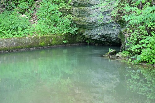 A serene, green landscape featuring a calm body of water reflecting surrounding foliage and a rocky cave entrance.