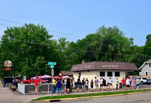 A long line of people waiting outside Nelson's Ice Cream on a sunny day, with trees and a street sign nearby.