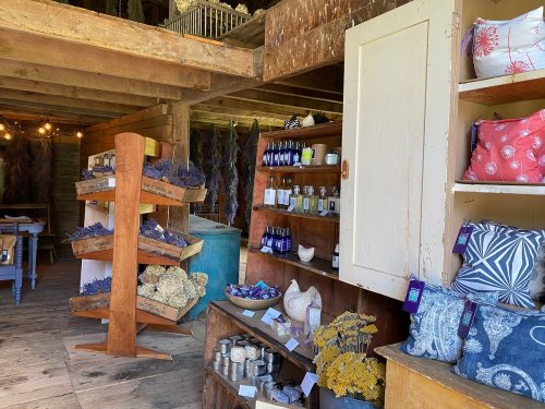 A rustic shop interior with shelves displaying various products, including candles, herbs, and decorative pillows.