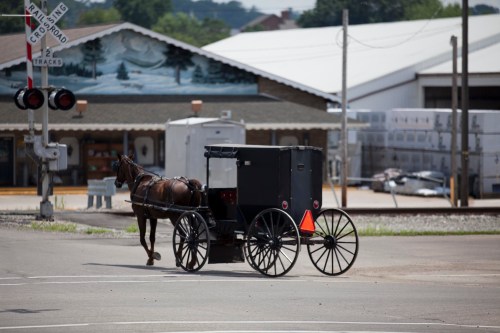A horse-drawn buggy crosses a road near a train crossing, with buildings and trees in the background.