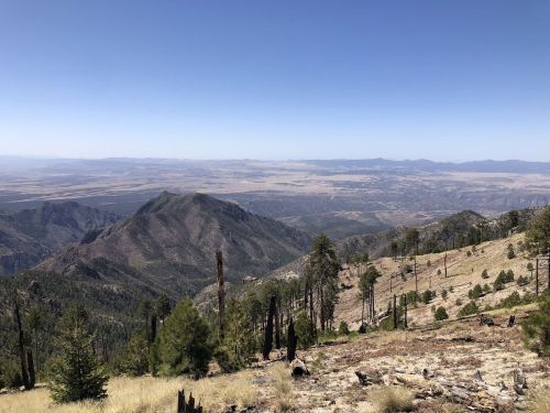 A panoramic view of mountains and valleys under a clear blue sky, with scattered trees and dry terrain.