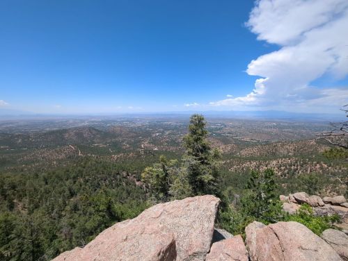A panoramic view of a mountainous landscape with green trees and a clear blue sky, featuring distant hills and valleys.