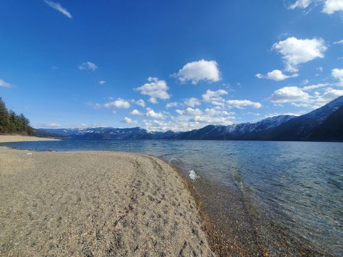 A serene lakeside view with a sandy shore, mountains in the background, and a clear blue sky dotted with clouds.