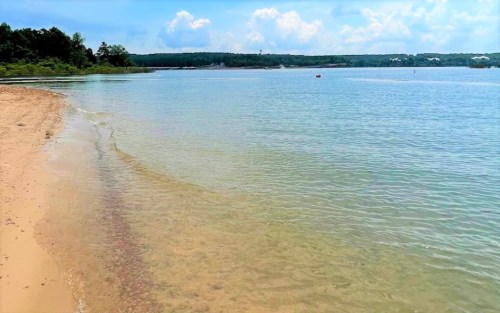 A serene beach scene with clear water, gentle waves, and a blue sky dotted with clouds. Green trees line the shore.