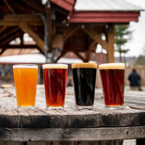 Four glasses of beer in varying colors and styles sit on a wooden table outdoors, with a rustic background.