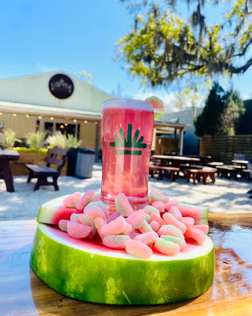A pink drink in a glass sits on a watermelon slice, surrounded by gummy candies, with a sunny outdoor setting in the background.