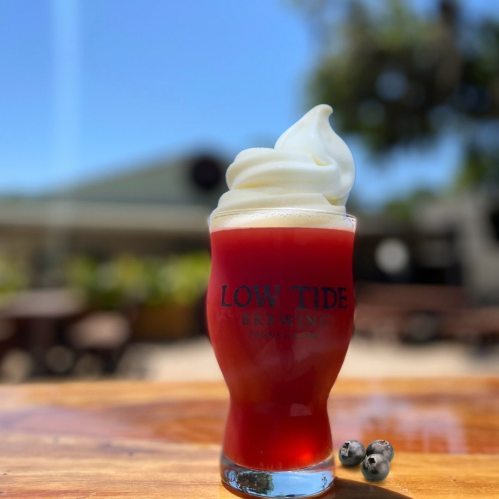 A glass of red beverage topped with white foam, sitting on a wooden table with blueberries beside it.