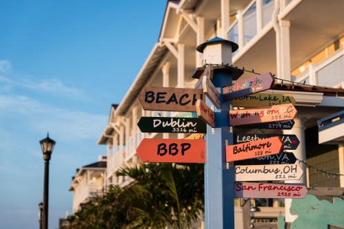 A signpost with directional arrows pointing to various cities and distances, set against a coastal backdrop.