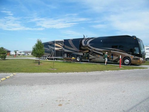 A large, luxurious RV parked on a grassy area, with a person standing nearby and a clear blue sky above.