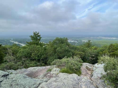A scenic view from a rocky overlook, featuring lush green trees and a distant landscape under a cloudy sky.