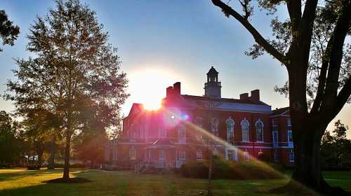 Sunrise behind a historic building, casting rays of light through trees in a serene park setting.