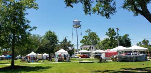 A sunny park scene with tents set up for a market, featuring a water tower in the background and trees surrounding the area.