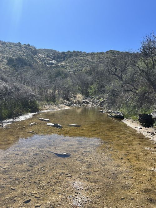A serene landscape featuring a shallow stream surrounded by dry hills and sparse vegetation under a clear blue sky.