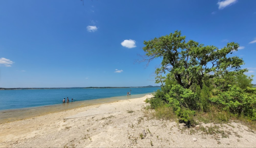 A sandy beach with a tree on the shore, people enjoying the water under a clear blue sky.