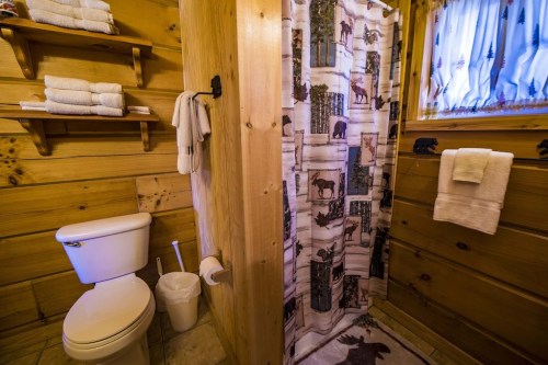 Cozy wooden bathroom featuring a shower with a nature-themed curtain, toilet, and neatly arranged towels.