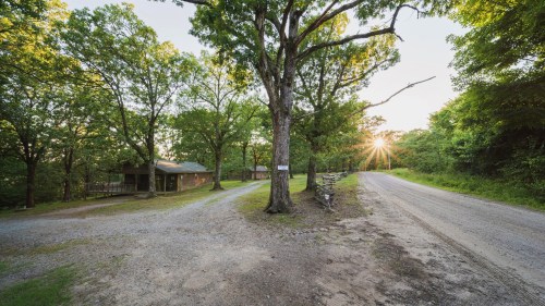 A gravel road splits between trees, with a cabin on the left and the sun setting in the background.