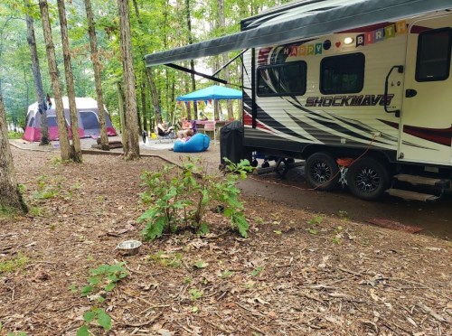 A campsite with a camper, tents, and a blue inflatable chair surrounded by trees, celebrating a birthday.