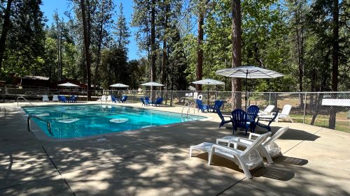 A sunny pool area surrounded by trees, featuring blue lounge chairs and umbrellas, with a clear blue pool.