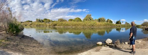 A person stands by a calm river, surrounded by greenery and blue skies, reflecting on the water's surface.
