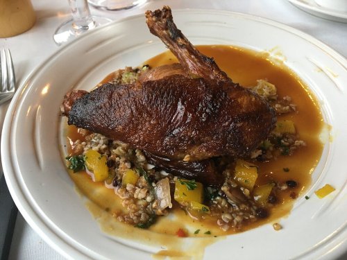 A plate of roasted duck leg served on a bed of grains and vegetables, drizzled with a rich sauce.