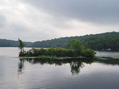 A serene lake scene featuring a small island surrounded by lush greenery and calm waters under a cloudy sky.