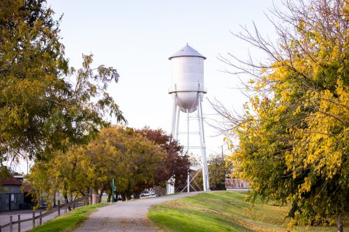 A white water tower stands tall among trees with autumn foliage along a grassy path.