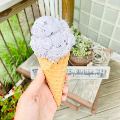 A hand holding a cone of purple ice cream in front of a wooden deck and potted plants.