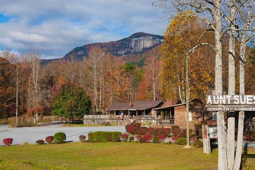 A rustic cabin surrounded by autumn trees, with a mountain in the background and a sign reading "Aunt Sue's Country Corner."