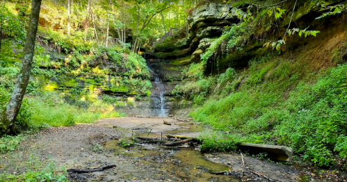Sunlight dapples a gentle waterfall cascading down rock layers at Devil's Punchbowl in Wisconsin.