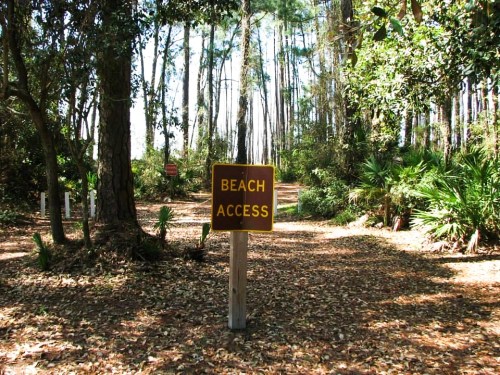 A sign reading "BEACH ACCESS" stands at the entrance of a wooded path surrounded by trees and foliage.
