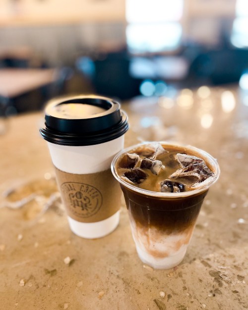 A hot coffee in a to-go cup and a cold iced coffee with ice cubes, placed on a countertop in a café.