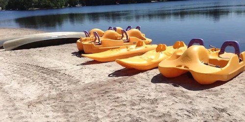 Four yellow paddle boats lined up on a sandy beach beside a calm lake. A canoe is visible in the background.