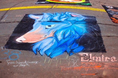 A vibrant blue horse mural on pavement, surrounded by colorful chalk art and text, including "Elmira" and "Down South."